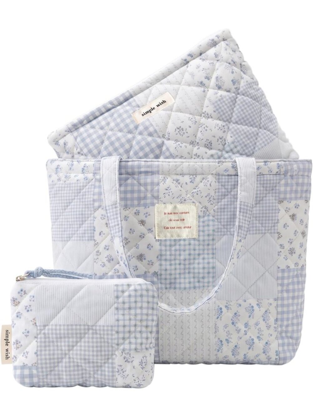 Floral Quilted 3-in-1 Shoulder Bag Set with Mini Pouch & Cosmetic Bag - Large